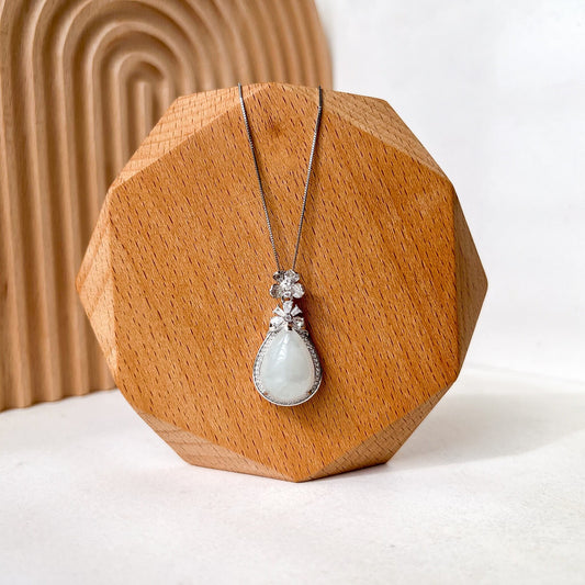 Lunar Frost Droplet Pendant, White Ice Jadeite Jade Sterling Silver Pendant Necklace, YS-0722-1708212552