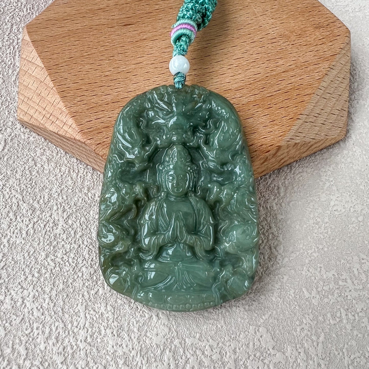 Green Jadeite Jade Guan Yin Kwan Yin Protected by Dragons Avalokitesvara Carved Pendant, BCG-0323-0038532