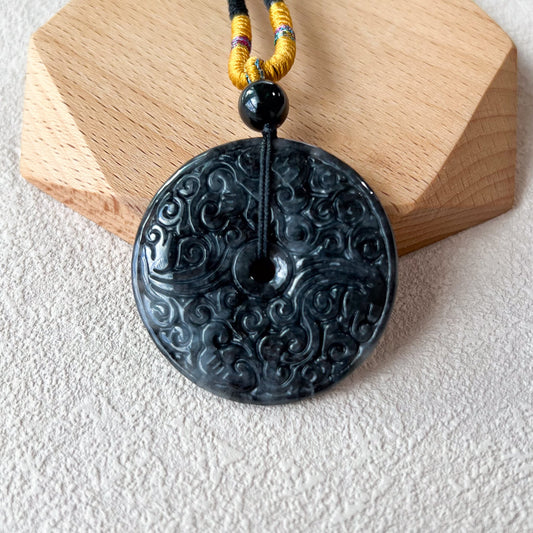 Black Antique Carving Jadeite Jade Circle Donut Carved Necklace, WMC-0323-00001176
