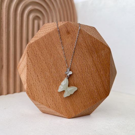 Silver Winged Jade Butterfly Pendant, Nephrite Jade Butterfly Pendant with Sterling Silver, HST-0722-1708366311