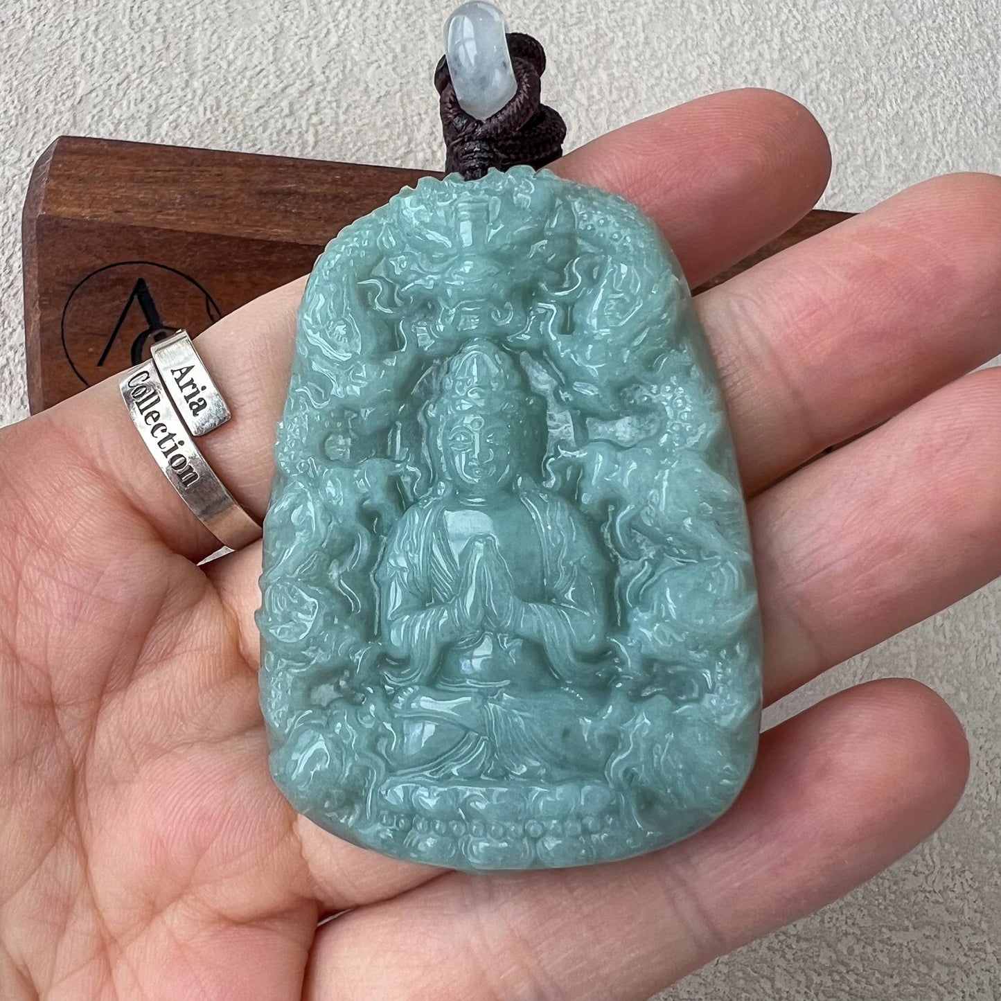 Green Jadeite Jade Guan Yin Kwan Yin Protected by Dragons Avalokitesvara Carved Pendant, BCG-0323-0038610