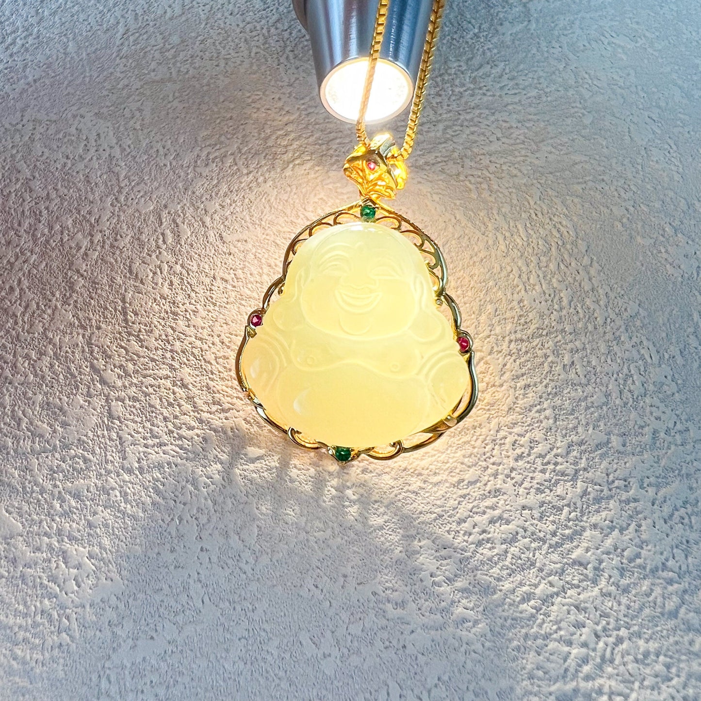Nephrite Jade Happy Laughing Buddha, Budai, Jade with Gold Sterling Silver Necklace, YS-1222-1709068919