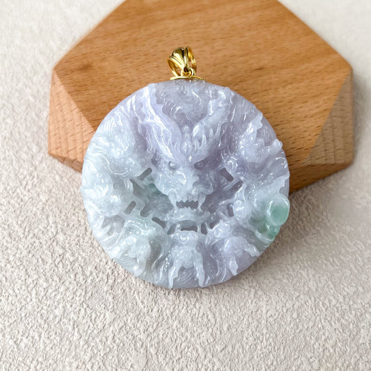Light Purple 9 Dragon Jadeite Jade with 18K Solid Gold Pendant, Dual Sided Carved Pendant, YGR-0823-1707688738