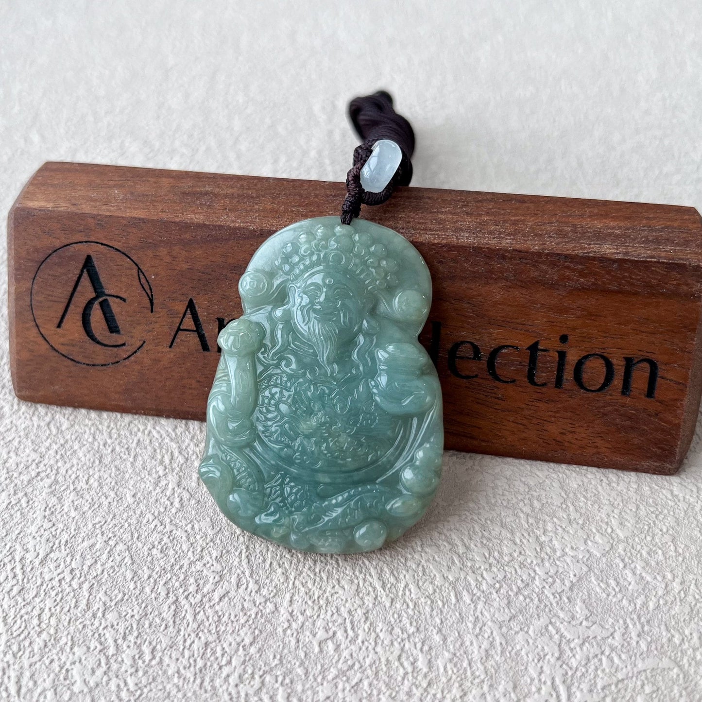 Green Jadeite Jade Fortune God, Caishen, God of Wealth, 财神, Carved Pendant Necklace, BGC-0323-0030167