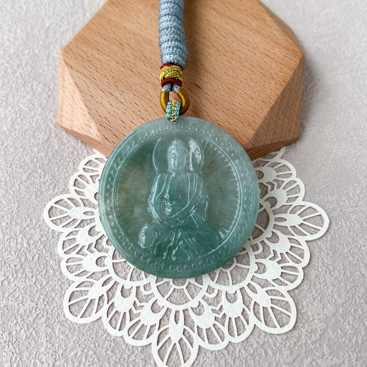 Jadeite Jade Vairocana Buddha, Đại Nhật Như Lai, 大日如来, Green Hand Carved Jade Pendant, YJ-1022-0068826